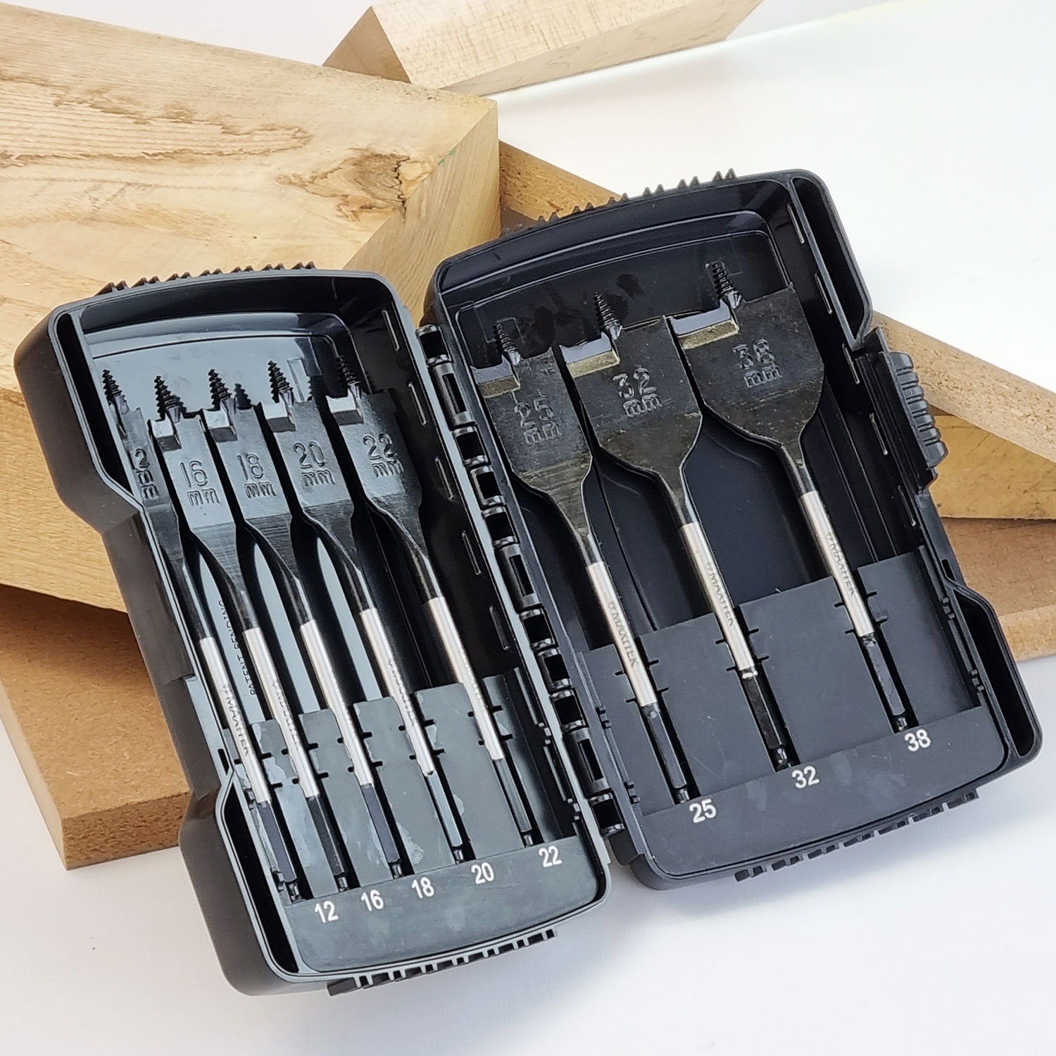 Maxitek 8pce Rapid Feed Flat Wood Boring Bit Set 12 38mm Metal